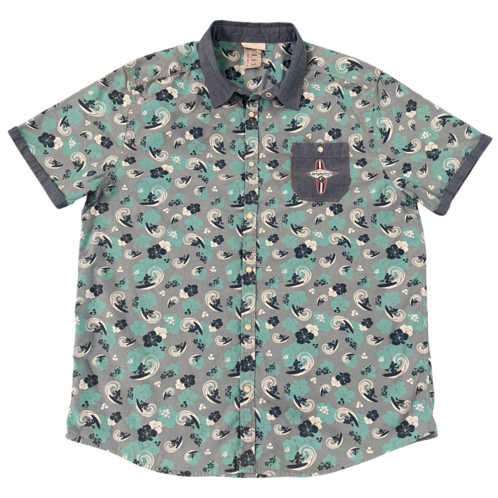 Disney Large Blue Mickey Mouse Longboard Surfing Tropical Button Snap Shirt